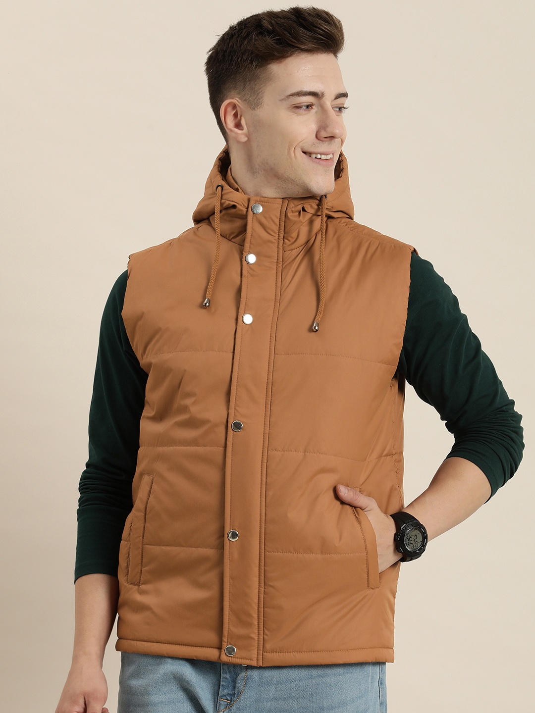 

HERE&NOW Solid Hooded Sleeveless Puffer Jacket, Brown