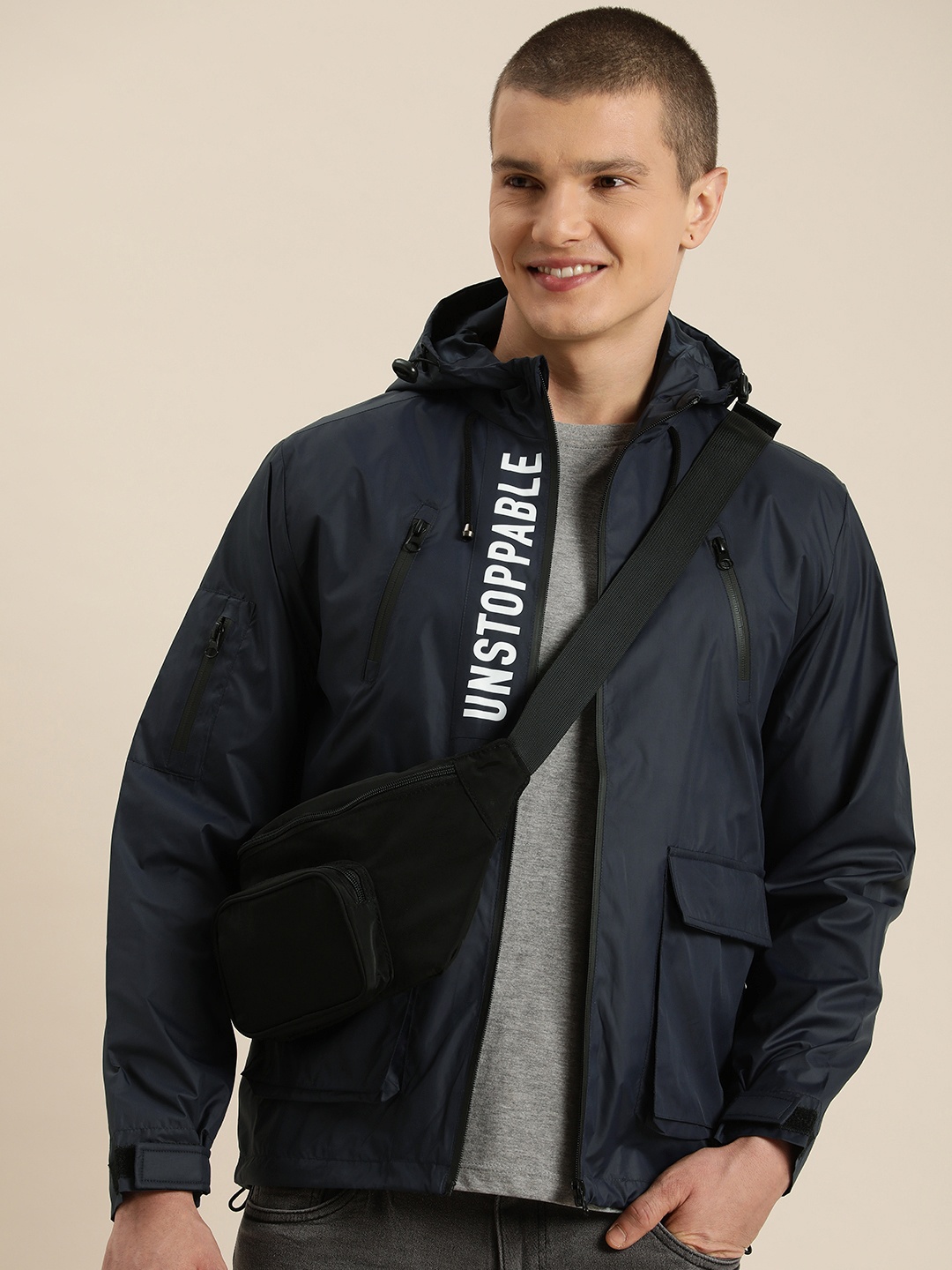 

HERE&NOW Solid Hooded Sporty Jacket, Navy blue