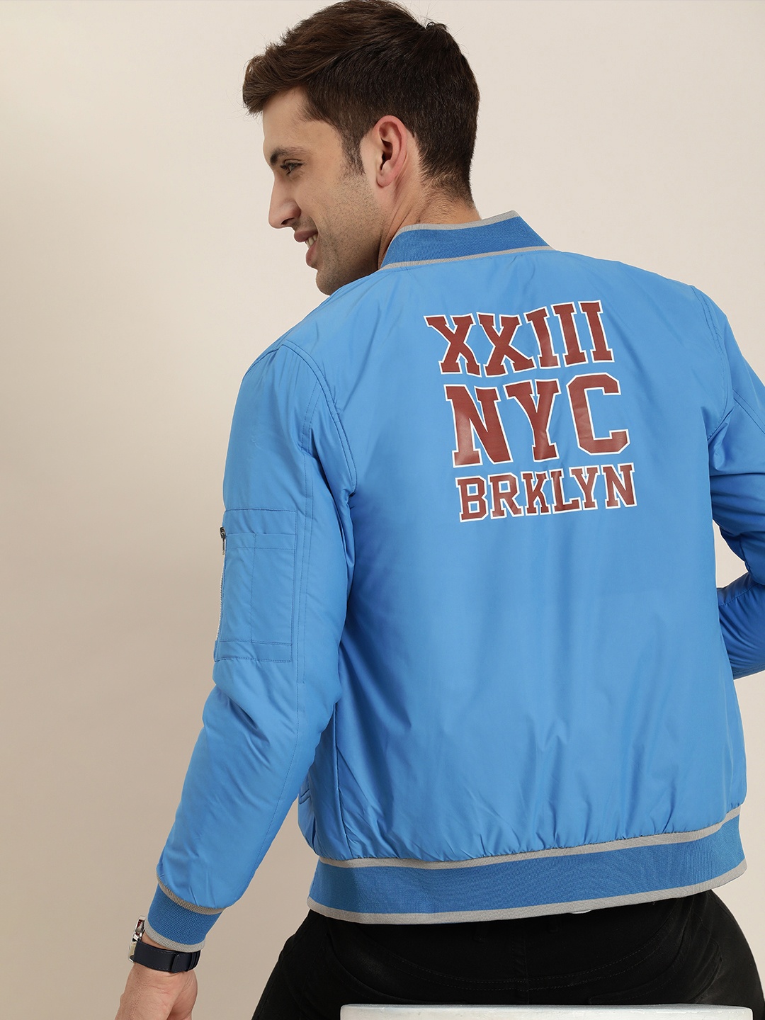 

HERE&NOW Typography Printed Mandarin Collar Varsity Jacket, Blue