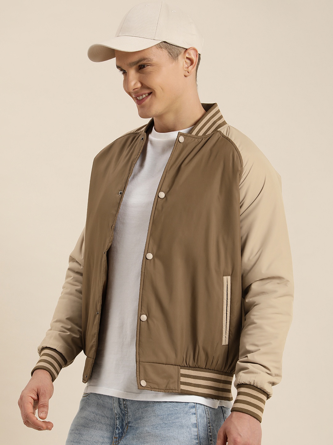 

HERE&NOW Colourblocked Stand-Collar Bomber Jacket, Beige