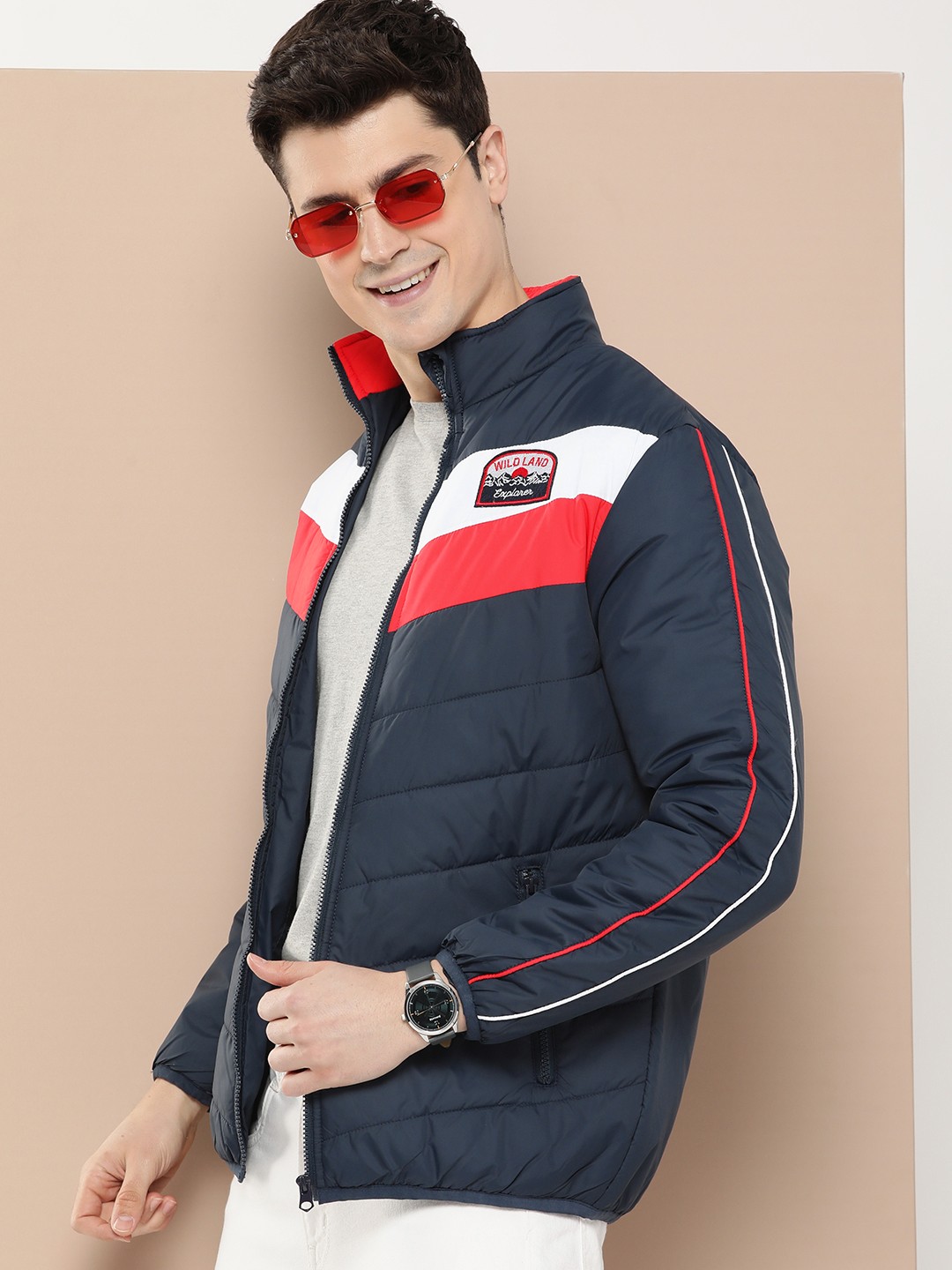 

HERE&NOW Colourblocked Mock-Collar Padded Jacket, Navy blue