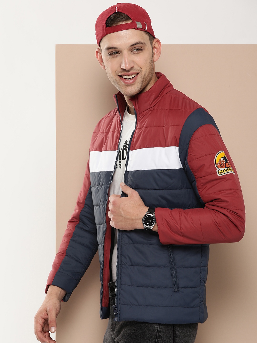 

HERE&NOW Mock Collar Colourblocked Padded Jacket, Navy blue