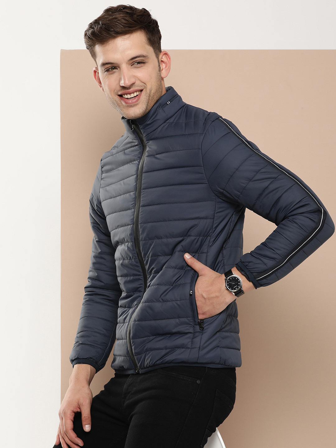 

HERE&NOW Solid Mock Collar Padded Jacket, Navy blue