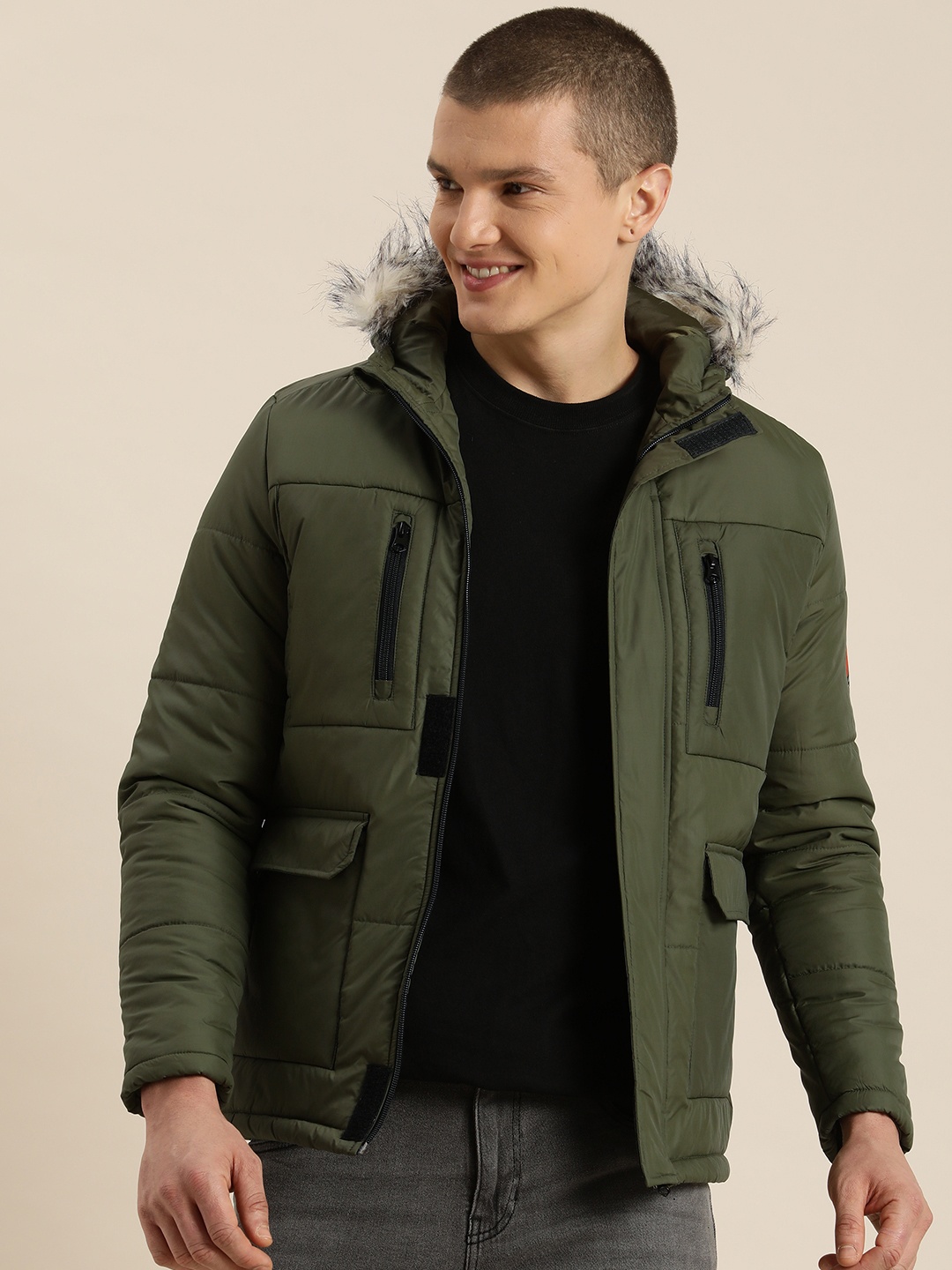 

HERE&NOW Solid Faux Fur Trim Puffer Hooded Casual Jacket, Olive