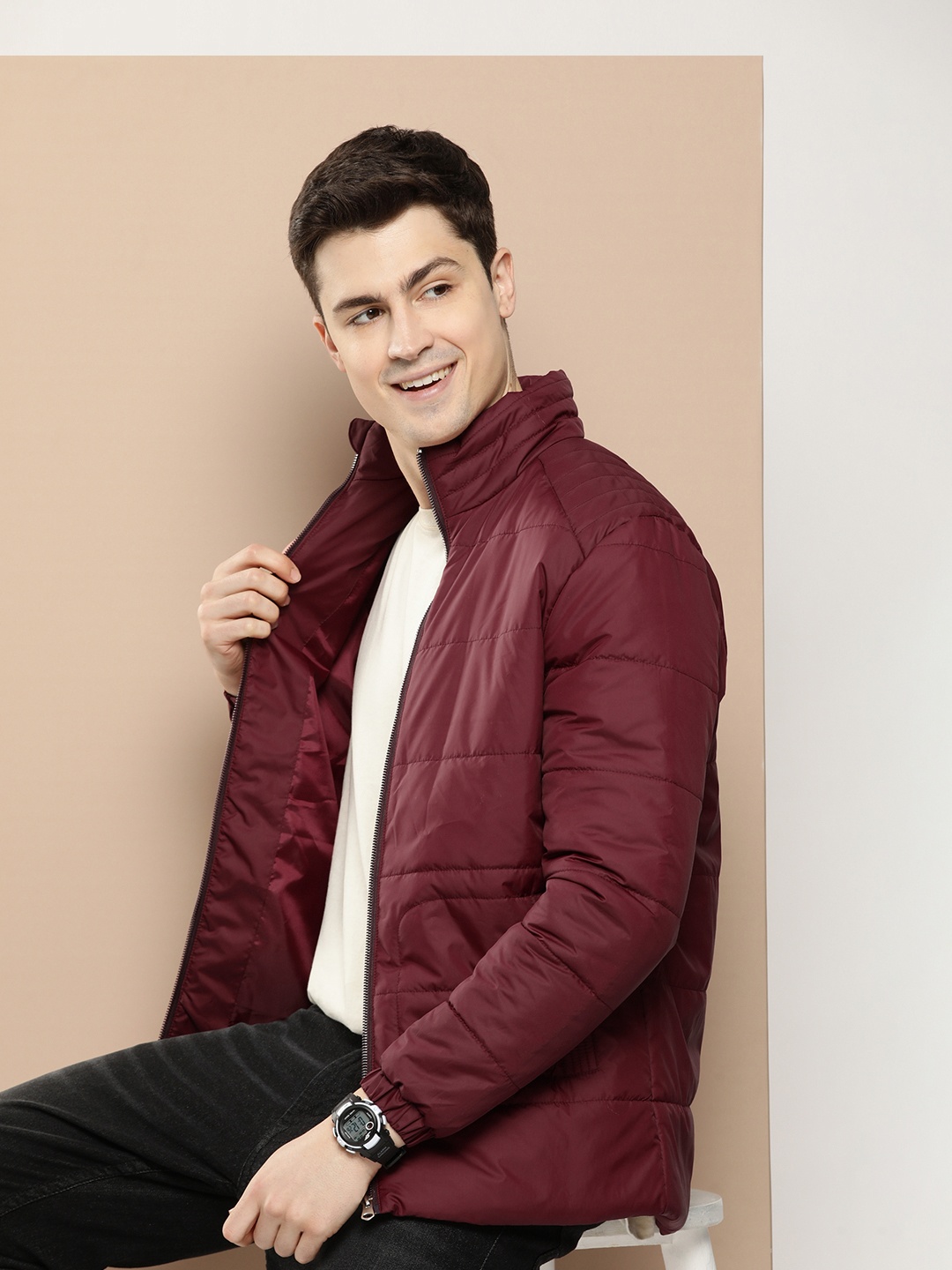 

HERE&NOW Stand Collar Padded Jacket, Maroon