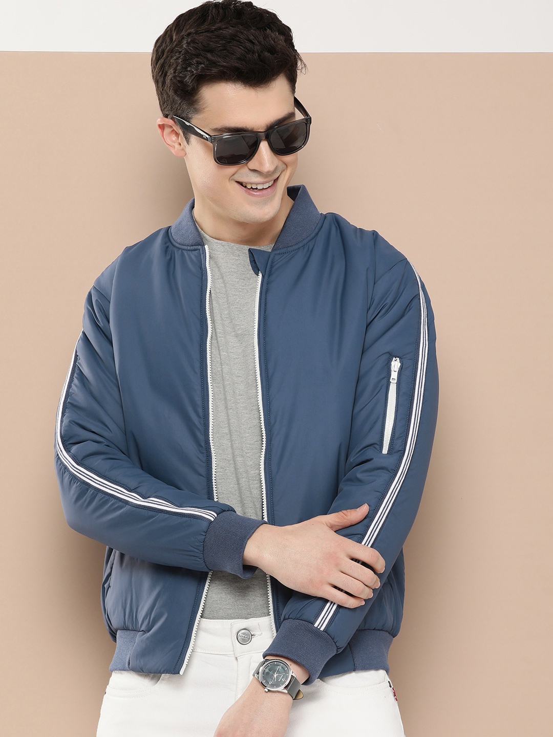 

HERE&NOW Solid Stand-Collar Bomber Jacket, Blue