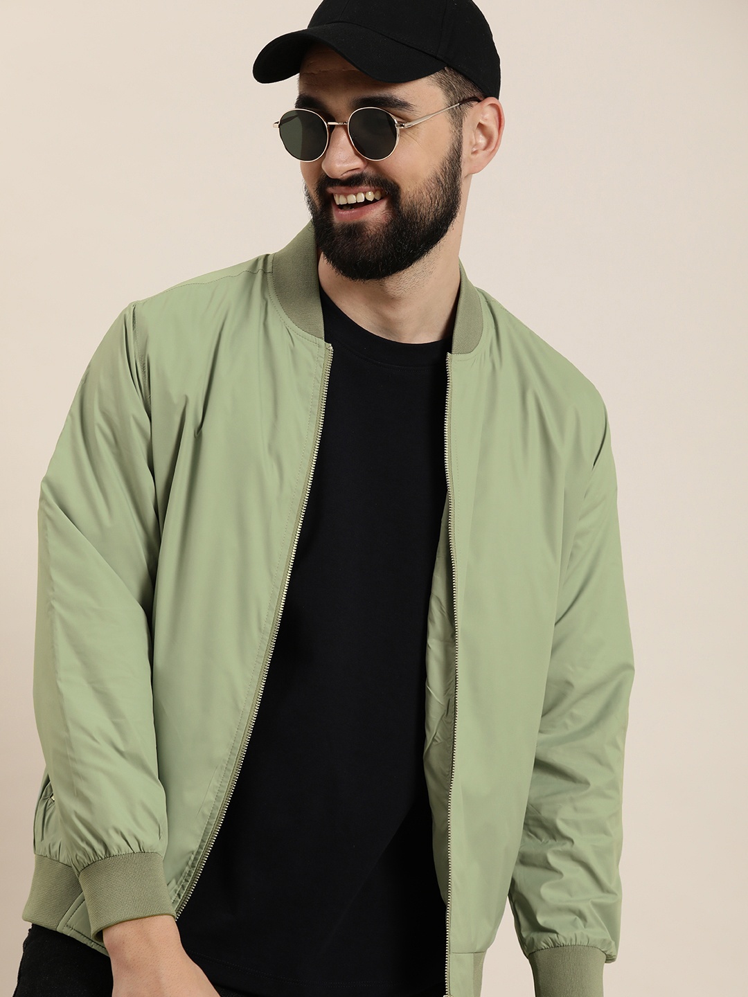 

HERE&NOW Solid Long Sleeves Bomber Jacket, Green