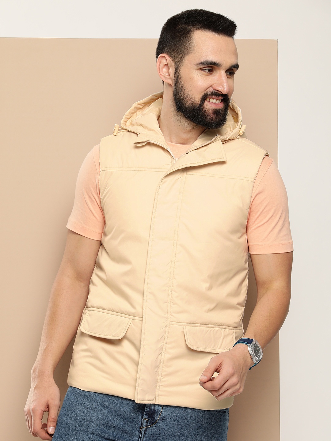 

HERE&NOW Solid Sleeveless Hooded Puffer Jacket, Beige