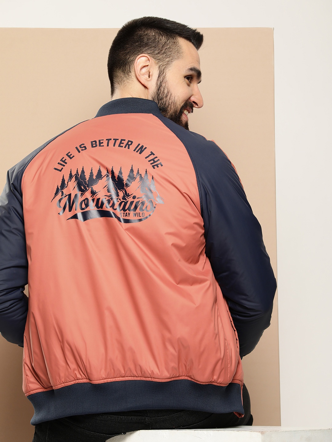 

HERE&NOW Typography Printed Spread Collar Bomber Jacket, Rust