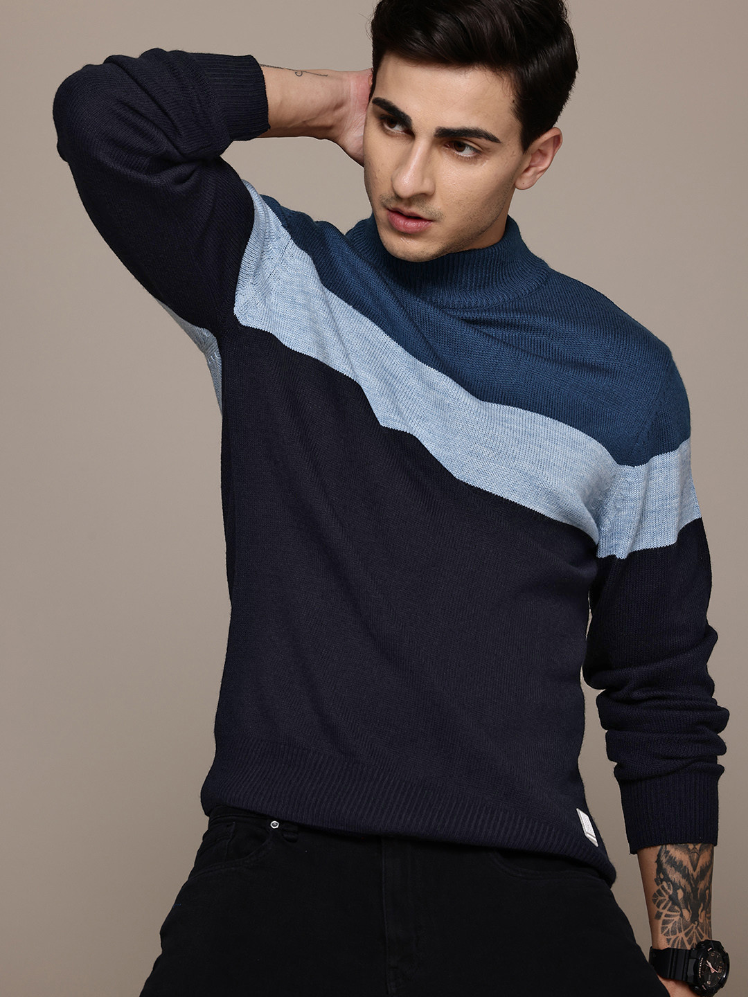 

The Roadster Lifestyle Co. High Neck Striped Pullover, Navy blue