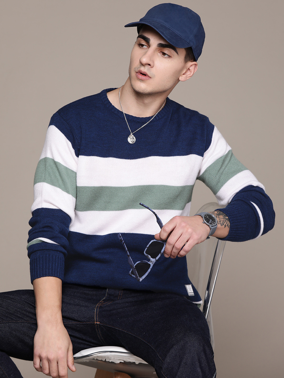 

The Roadster Lifestyle Co. Round Neck Striped Pullover, Teal