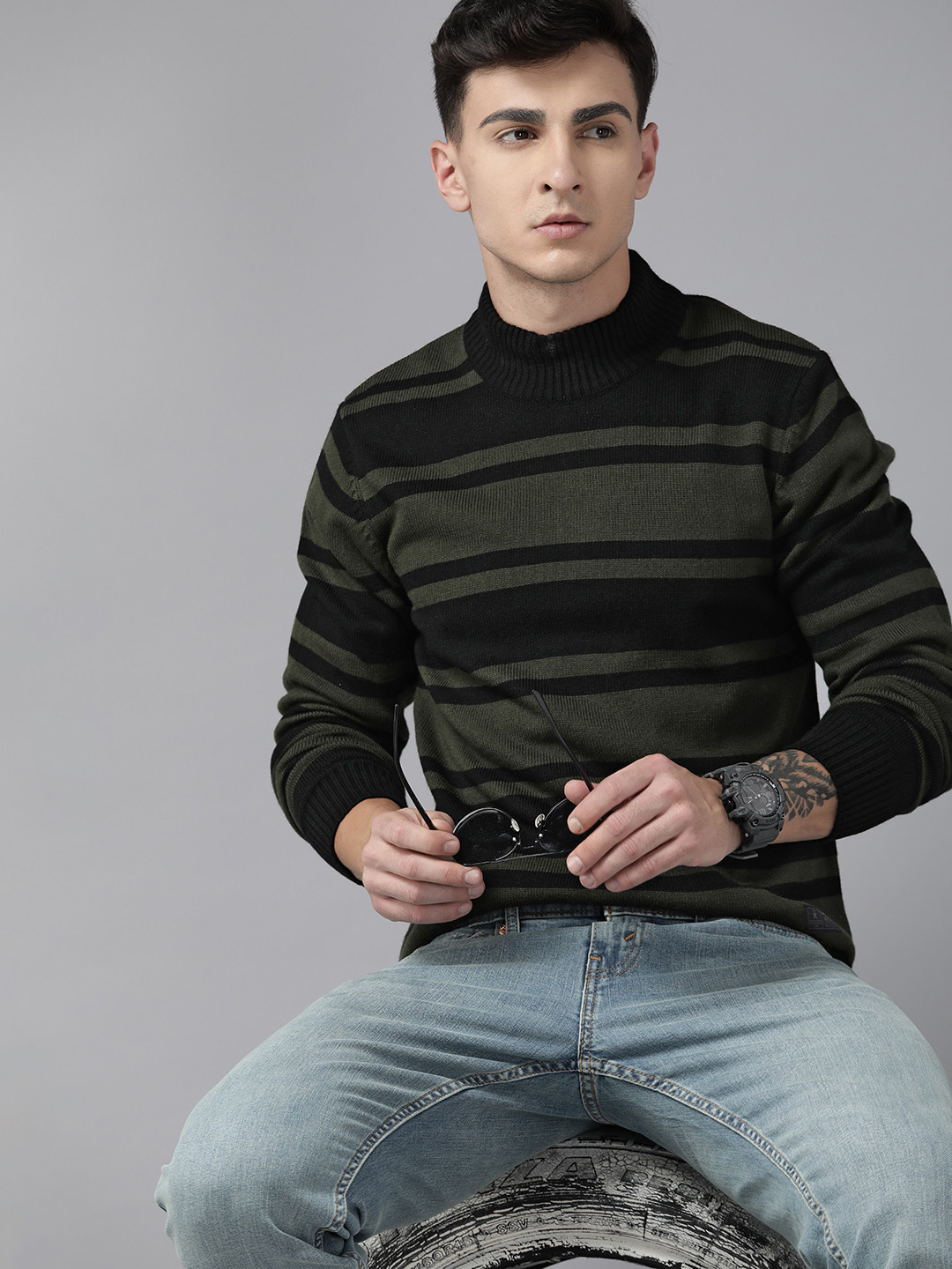 

The Roadster Lifestyle Co. Horizontally Striped High Neck Pullover, Black