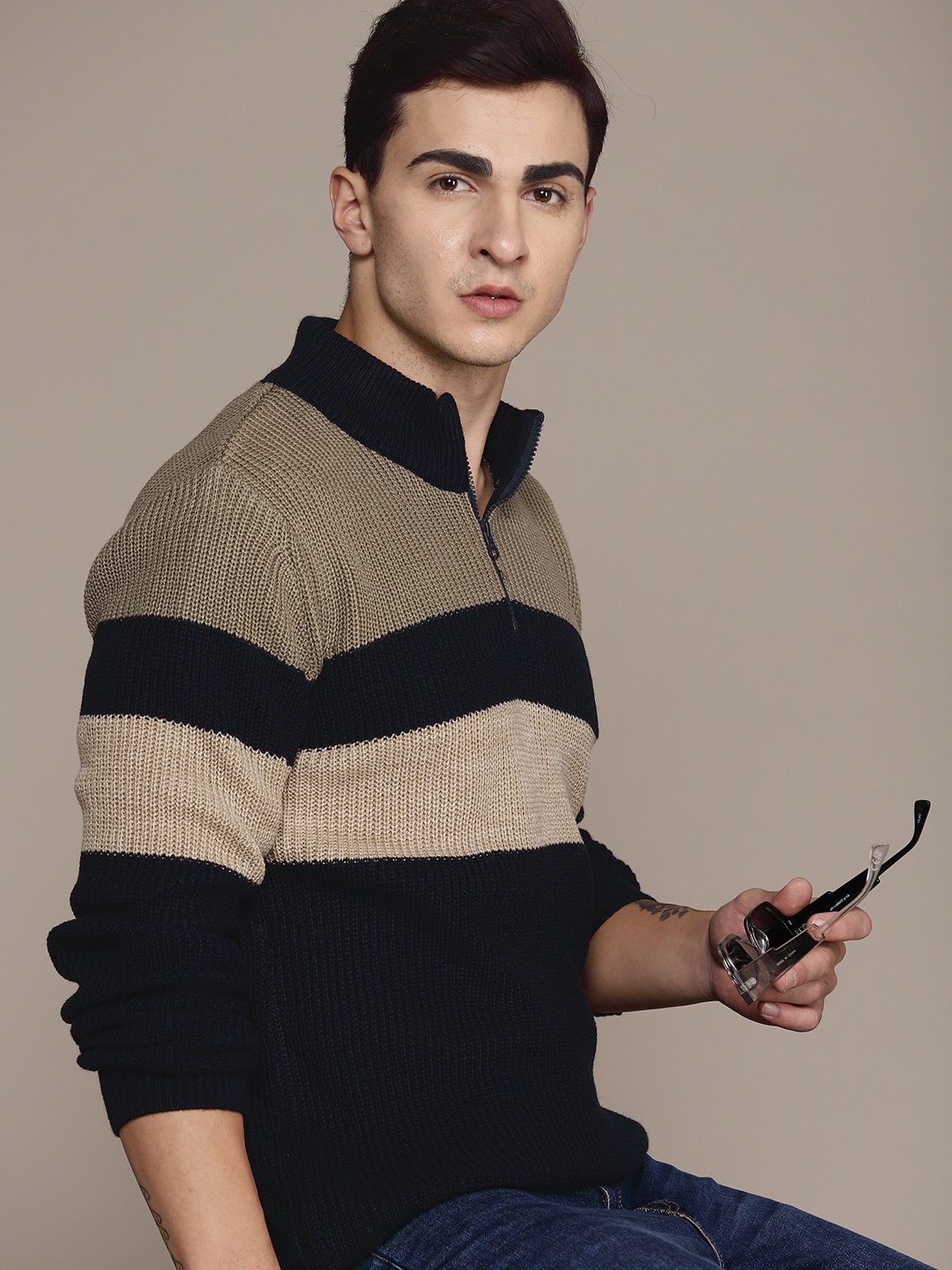 

The Roadster Lifestyle Co. Self Striped Acrylic Pullover, Beige