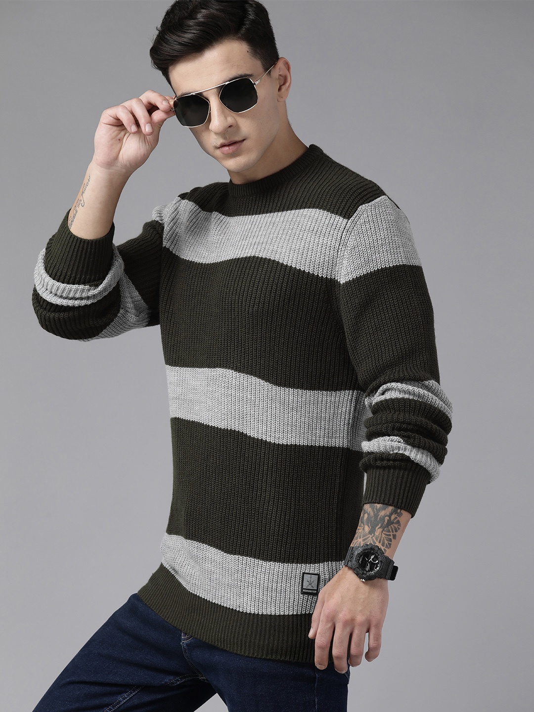 

The Roadster Lifestyle Co. Men Striped Acrylic Pullover, Olive