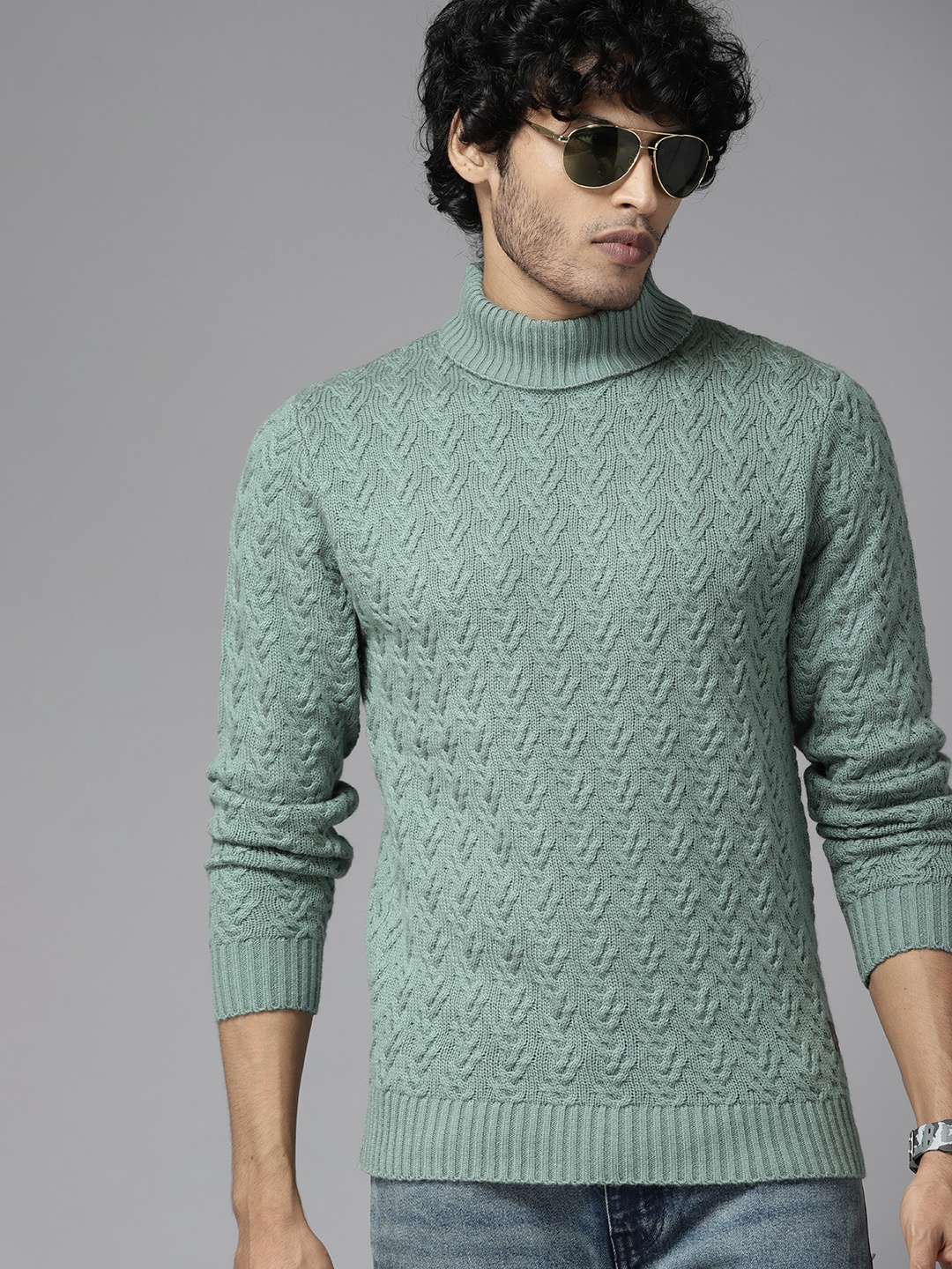 

The Roadster Lifestyle Co. Men Acrylic Turtle Neck Cable Knit Pullover, Sea green