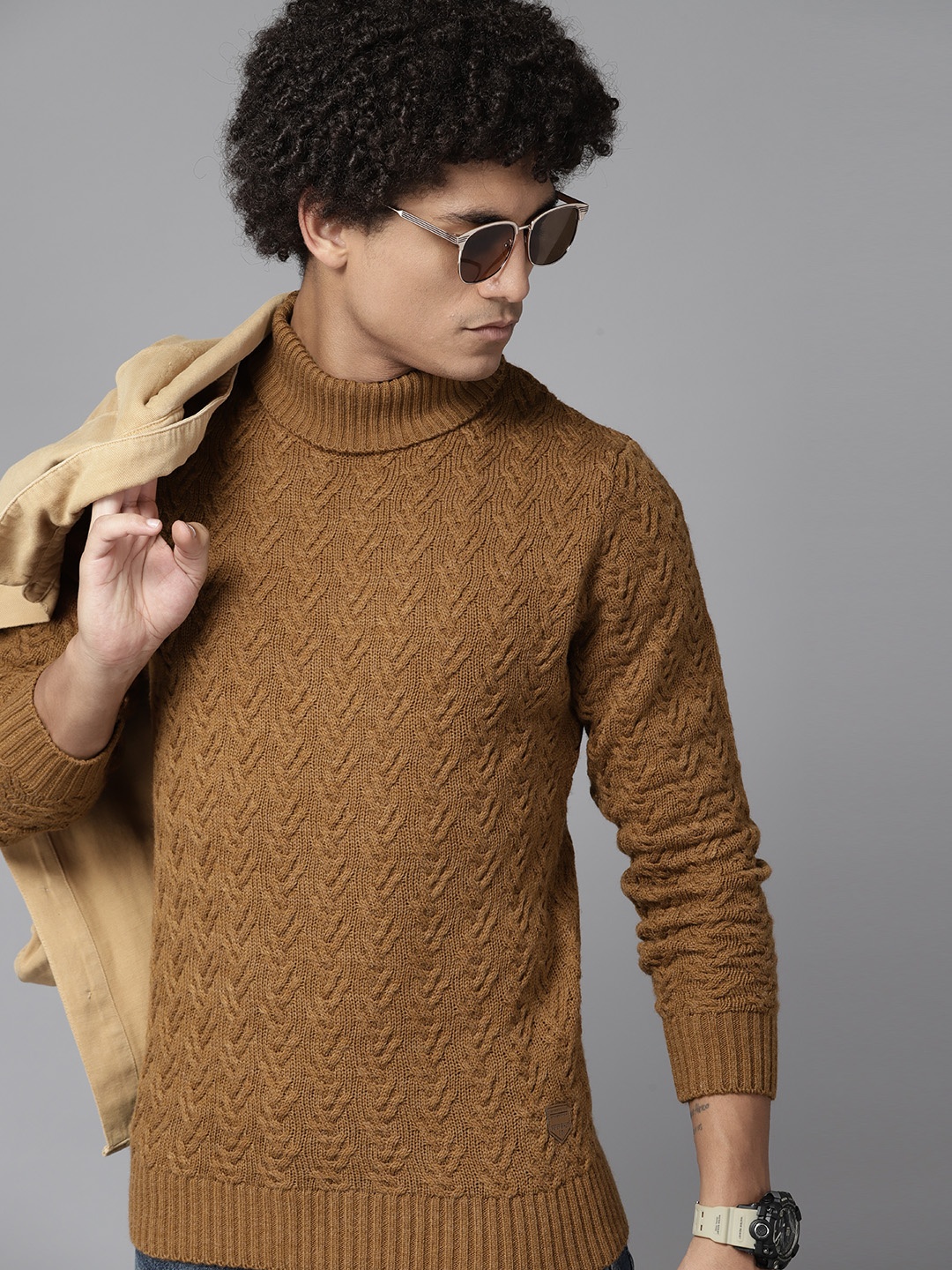 

The Roadster Lifestyle Co. Men Acrylic Turtle Neck Cable Knit Pullover, Mustard