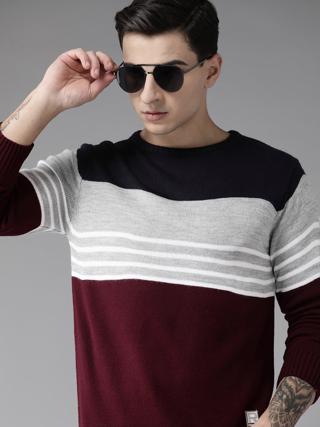 

The Roadster Lifestyle Co.Men Striped Pullover, Burgundy