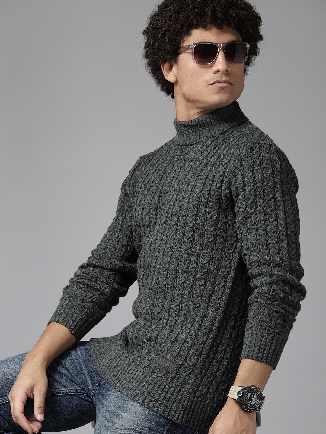 

The Roadster Lifestyle Co. Men Acrylic Turtle Neck Cable Knit Pullover, Charcoal