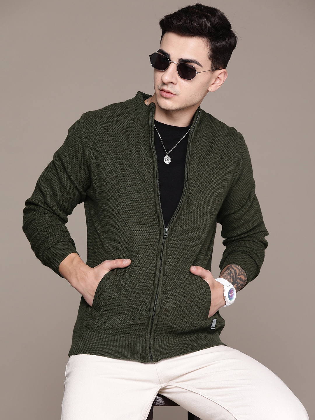 

The Roadster Lifestyle Co. Acrylic Self-Design Cardigan With Insert Pockets, Olive