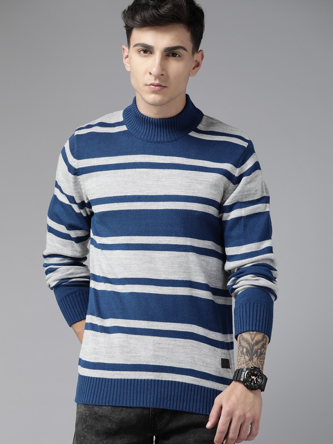 

The Roadster Lifestyle Co. Horizontally Striped High Neck Pullover, Blue