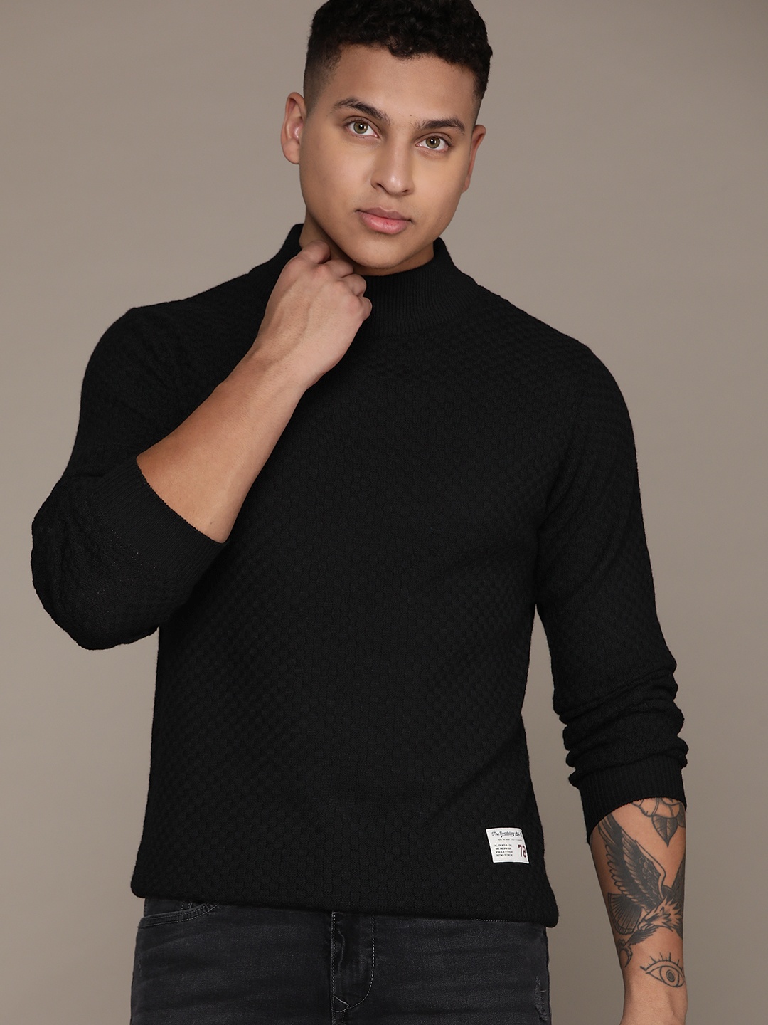 

The Roadster Lifestyle Co. Geometric Self-Design Turtle Neck Acrylic Pullover, Black