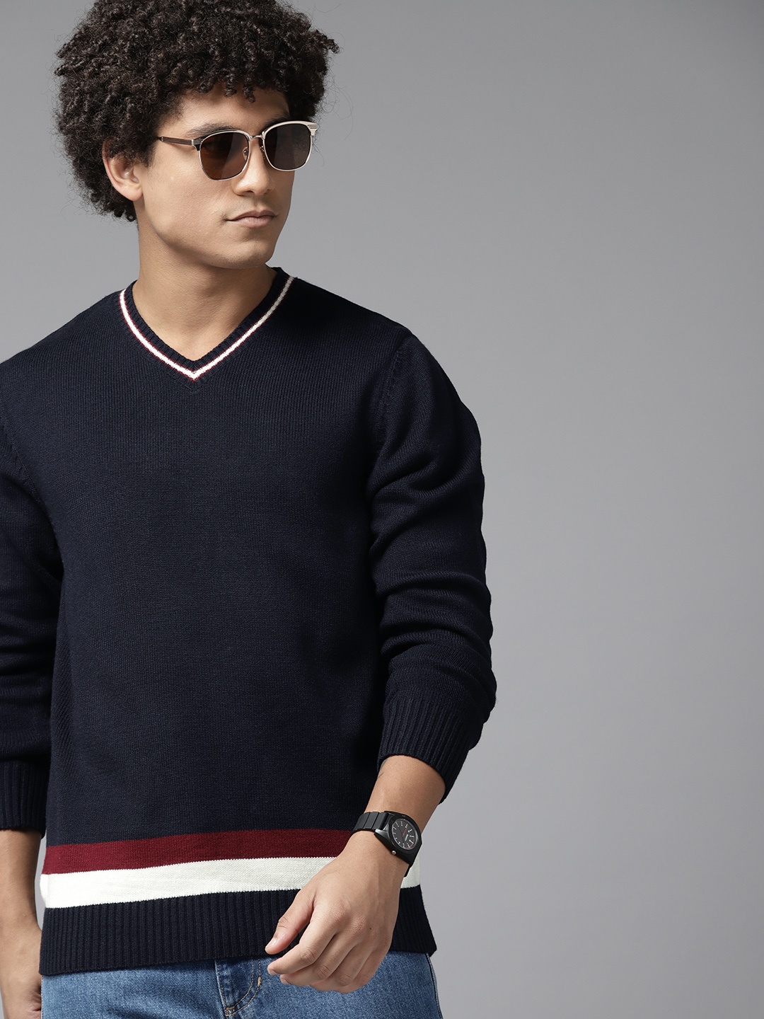 

The Roadster Lifestyle Co. Stripe Detail Acrylic Pullover, Navy blue