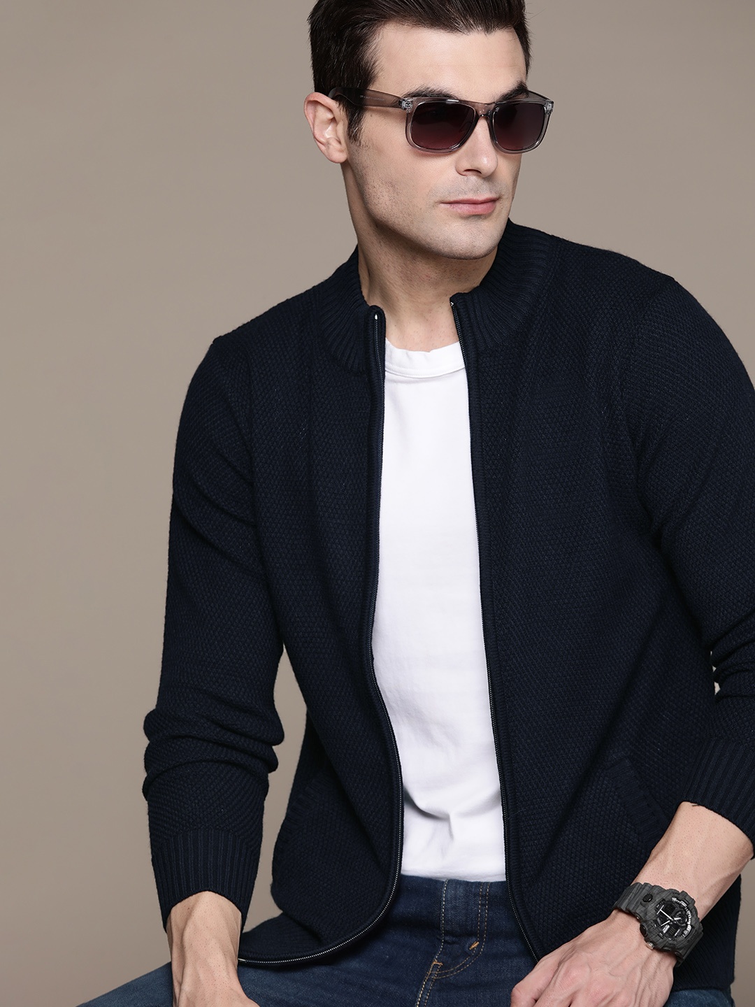 

The Roadster Lifestyle Co. Acrylic Self-Design Cardigan, Navy blue