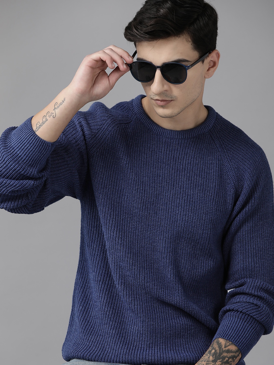 

The Roadster Lifestyle Co. Raglan Sleeves Longline Acrylic Pullover, Navy blue