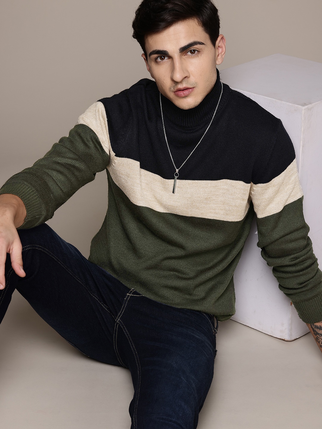 

The Roadster Lifestyle Co. High Neck Striped Pullover, Olive