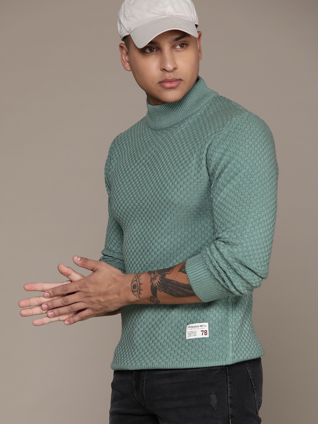 

The Roadster Lifestyle Co. Geometric Self-Design Turtle Neck Acrylic Pullover, Green