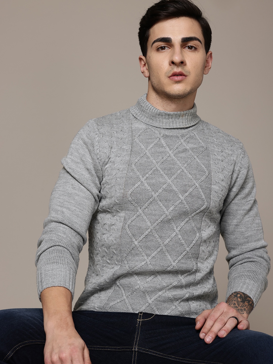 

The Roadster Lifestyle Co. High Neck Checked Pullover, Grey
