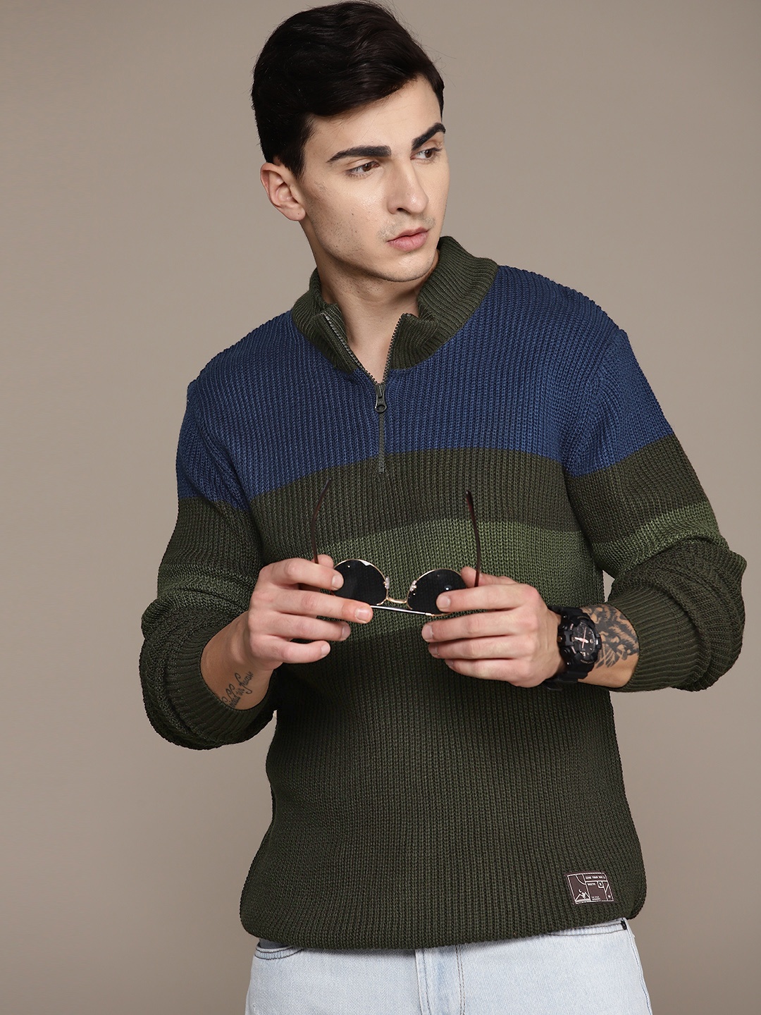 

The Roadster Lifestyle Co. Colourblocked Cable Knit Acrylic Pullover, Green