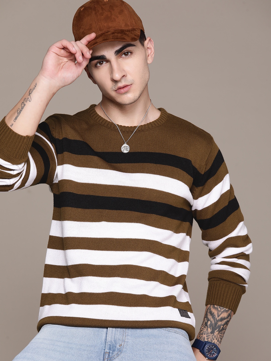 

The Roadster Lifestyle Co. Acrylic Striped Pullover, Brown