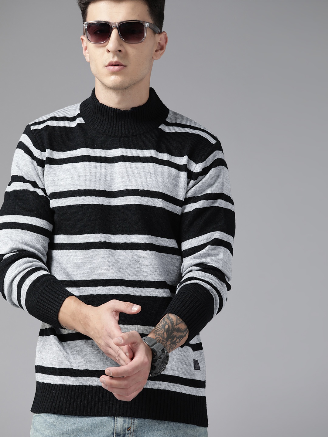 

The Roadster Lifestyle Co. Horizontally Striped High Neck Pullover, Black