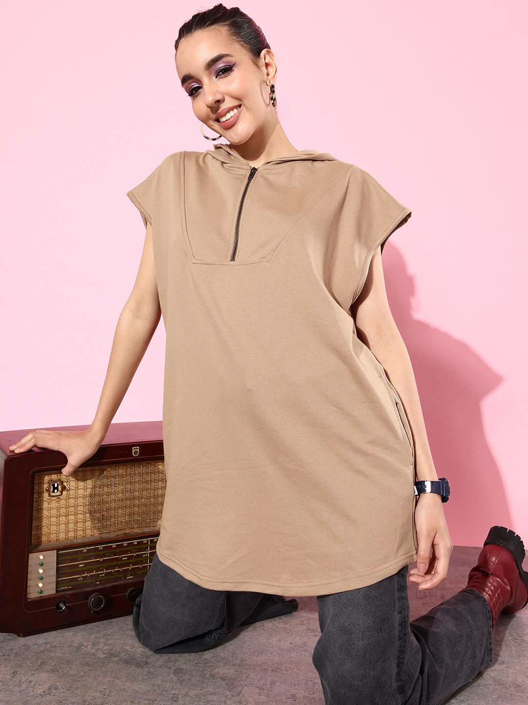 

The Roadster Life Co. Solid Hooded Anti Fits Oversized Sweatshirt, Beige
