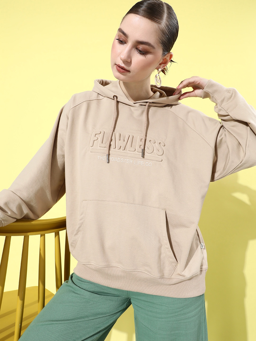 

The Roadster Life Co. Embossed & Embroidered Detail Hooded Oversized Sweatshirt, Beige