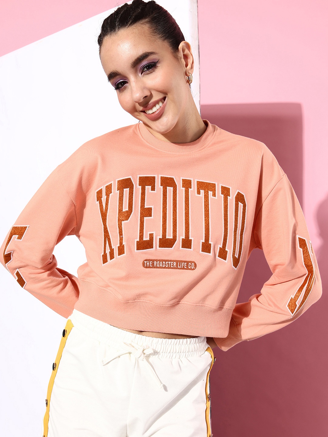 

The Roadster Life Co. Typography Embroidered Crop Sweatshirt, Peach
