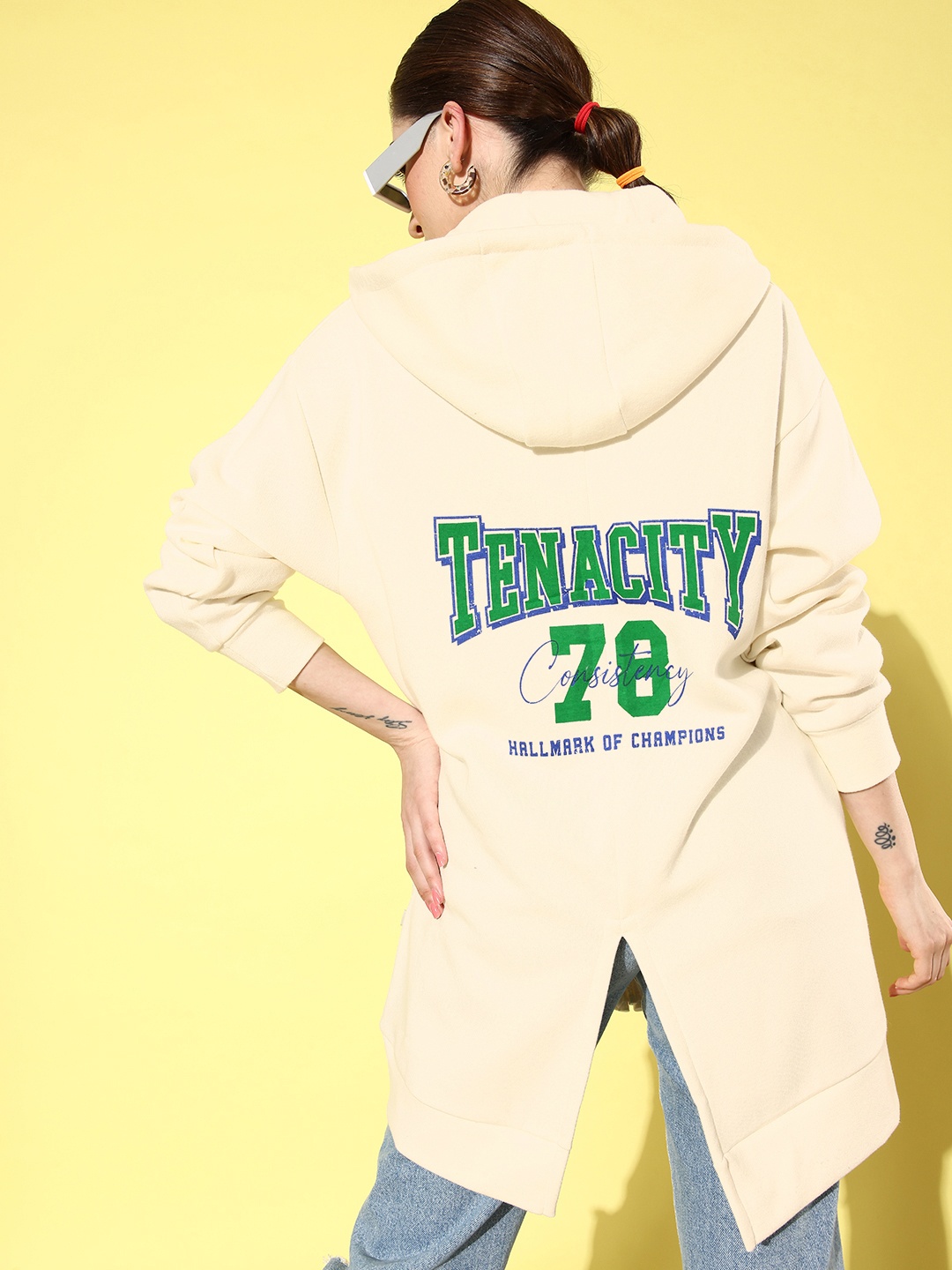 

The Roadster Lifestyle Co. Printed Longline Hooded Sweatshirt, Cream