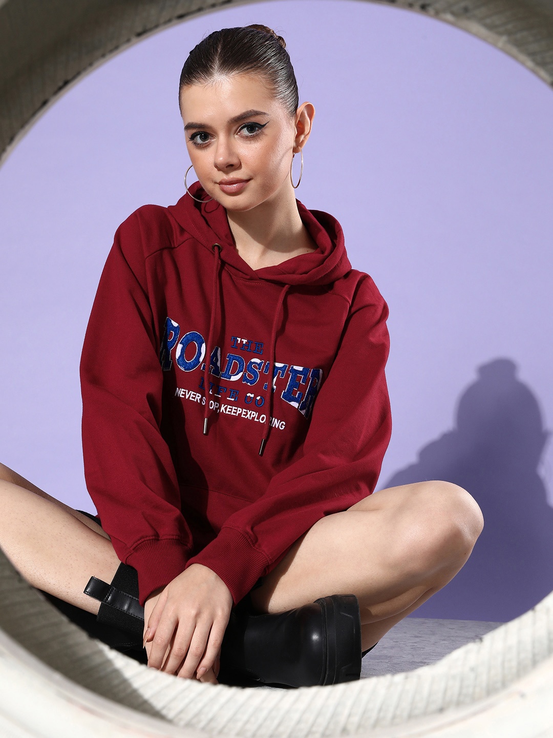 

The Roadster Life Co. Graphic Printed Hooded Oversized Sweatshirt, Maroon
