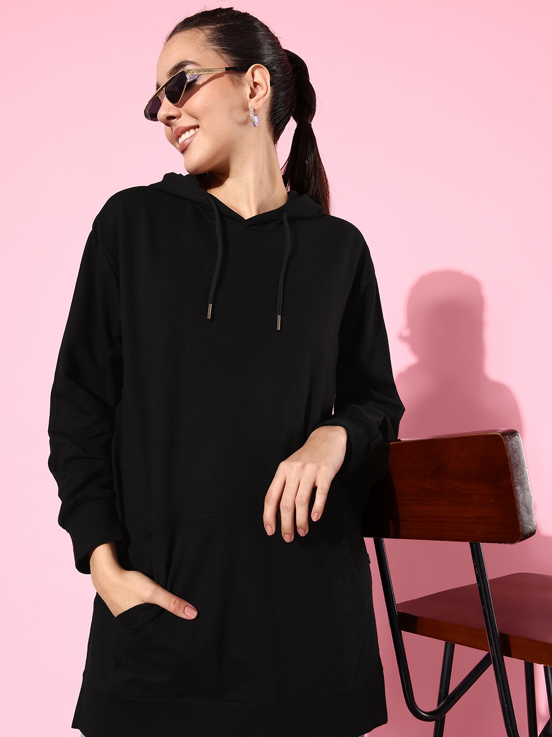 

The Roadster Life Co. Solid Hooded Longline Sweatshirt, Black