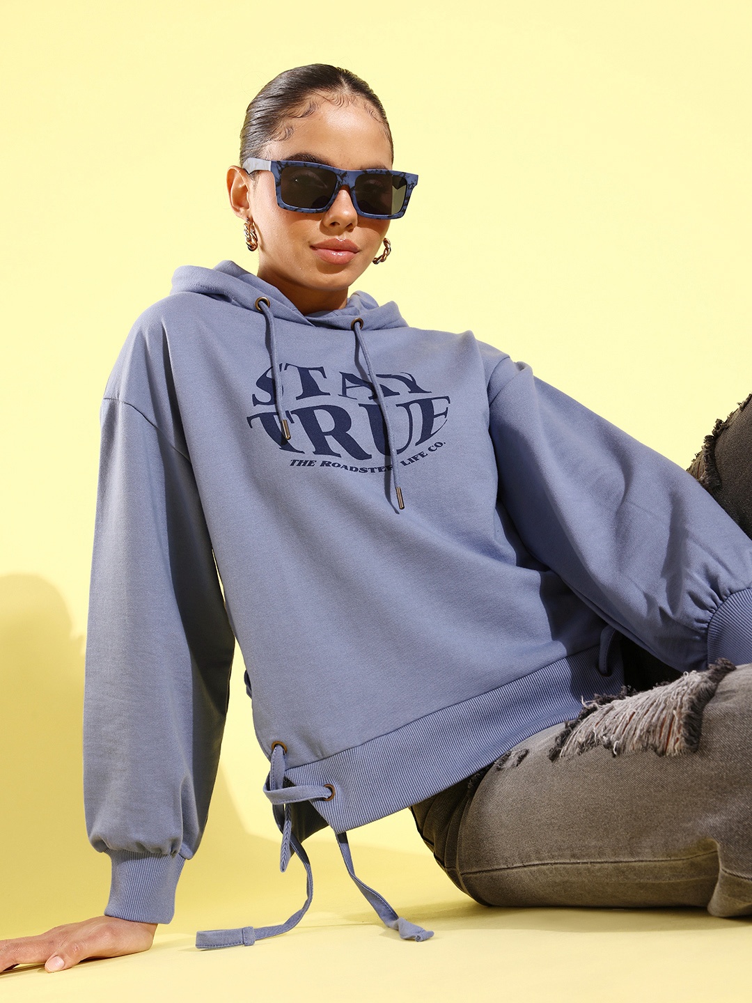 

The Roadster Lifestyle Co. Women Printed Hooded Sweatshirt, Blue