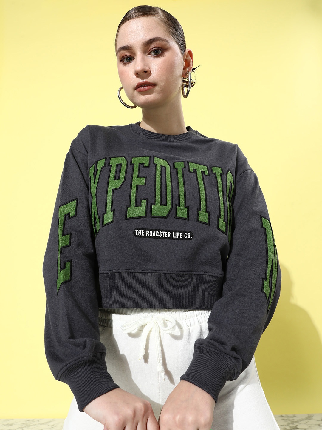 

The Roadster Life Co. Typography Embroidered Crop Sweatshirt, Grey