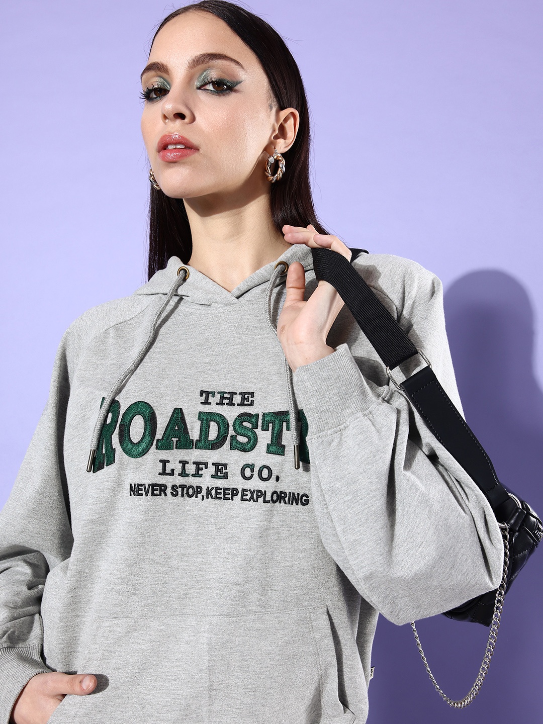 

The Roadster Life Co. Brand Logo Embroidered Hooded Oversized Sweatshirt, Grey