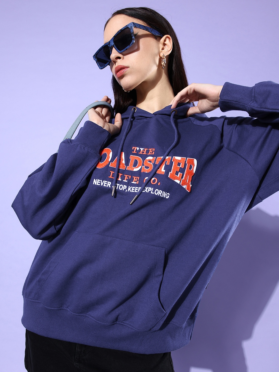 

The Roadster Life Co. Brand Logo Embroidered Hooded Oversized Sweatshirt, Blue
