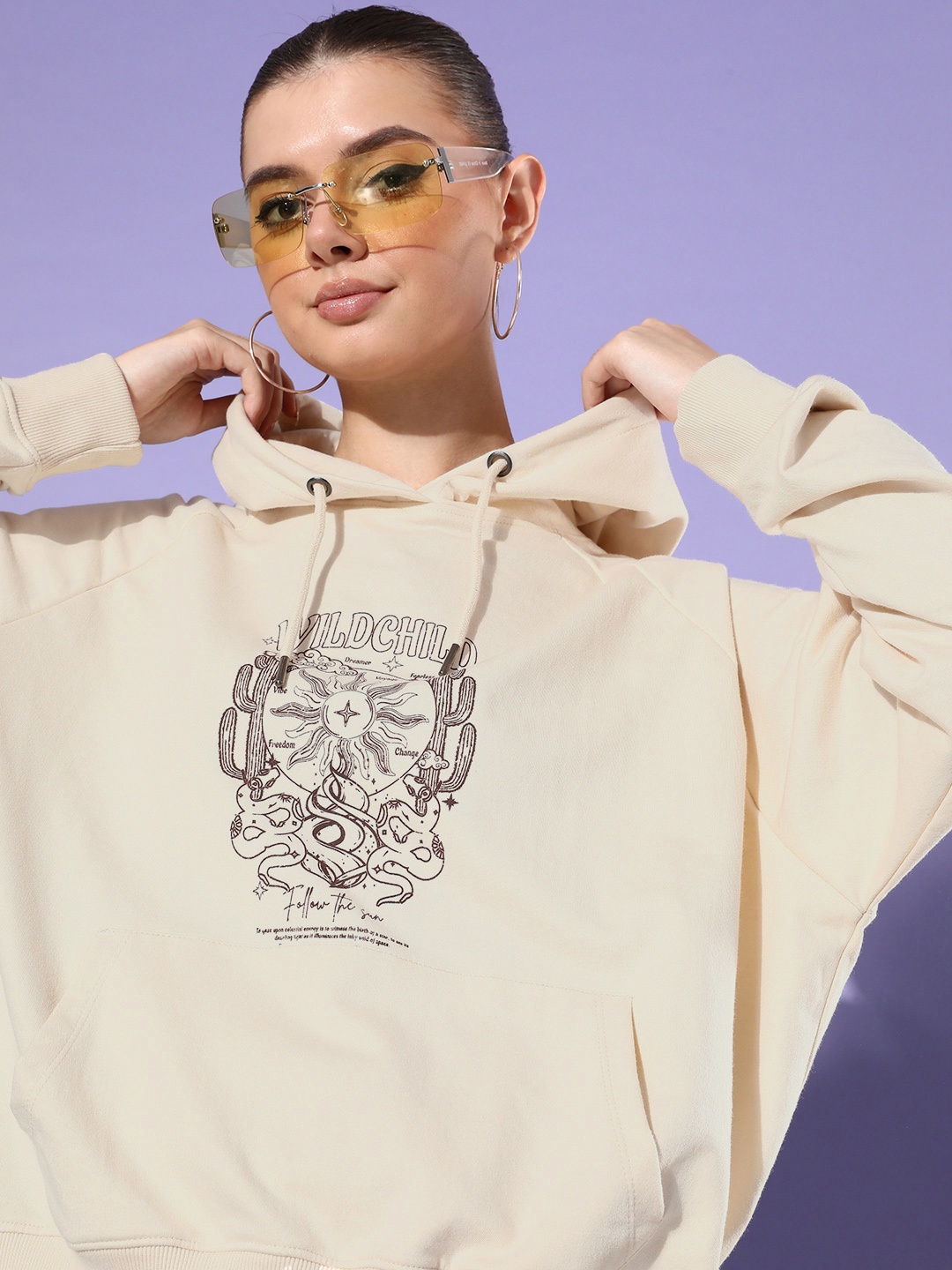 

The Roadster Life Co. Graphic Printed Hooded Oversized Sweatshirt, Beige