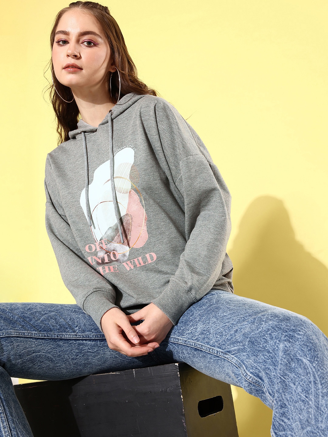 

The Roadster Life Co. Graphic Printed Hooded Sweatshirt, Grey melange