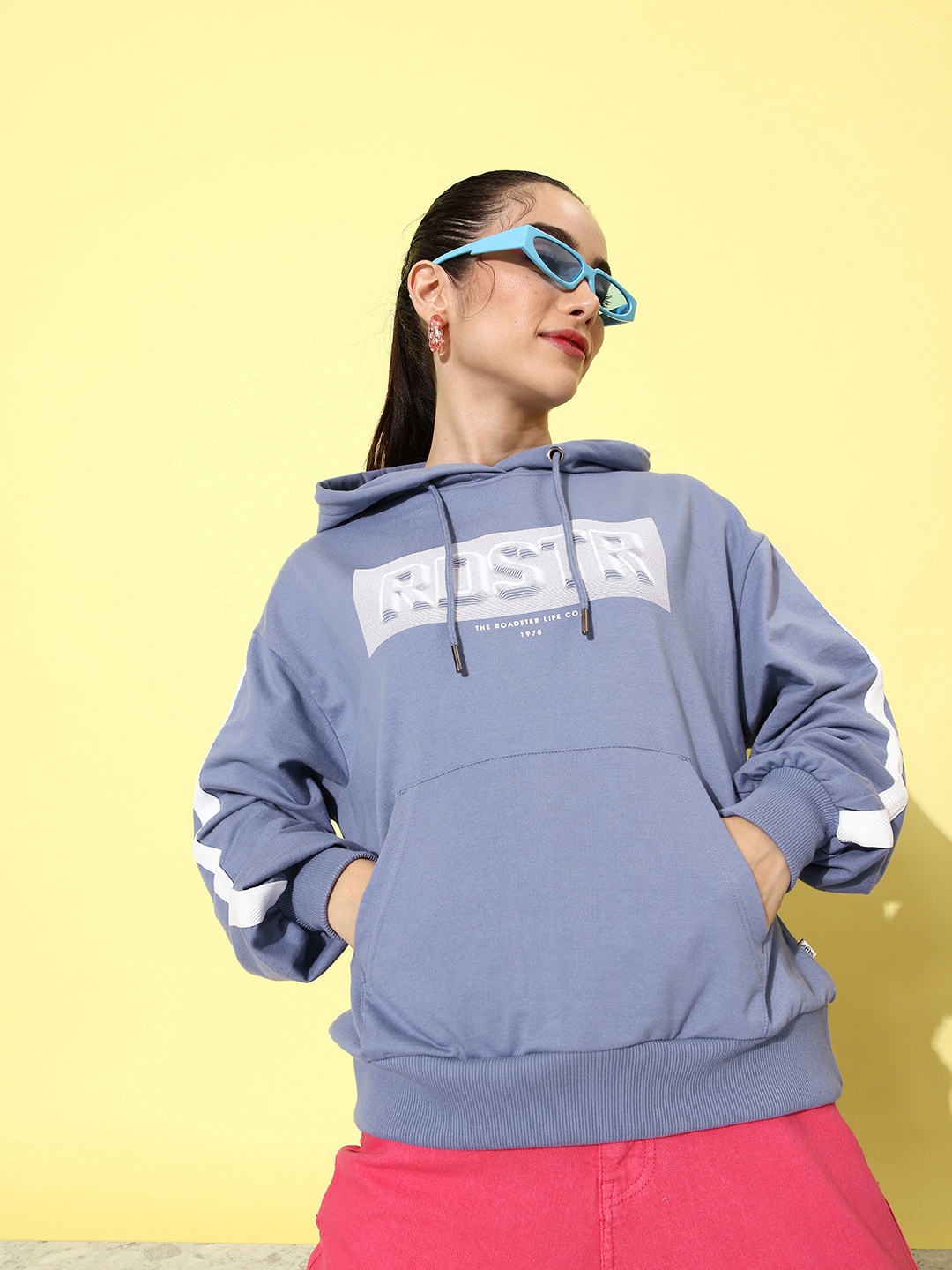 

The Roadster Life Co. Sky Blue Graphic Printed Oversized Hooded Sweatshirt