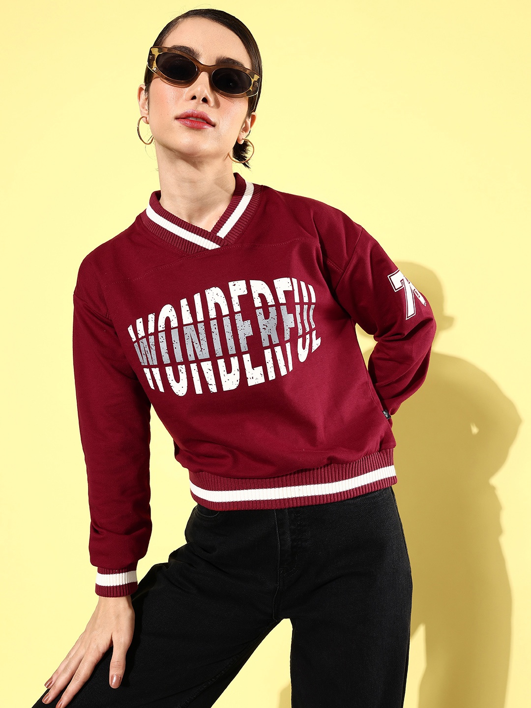 

The Roadster Life Co. Spicy Red Printed Boxy Winter Discotheque-Very Varsity Sweatshirts