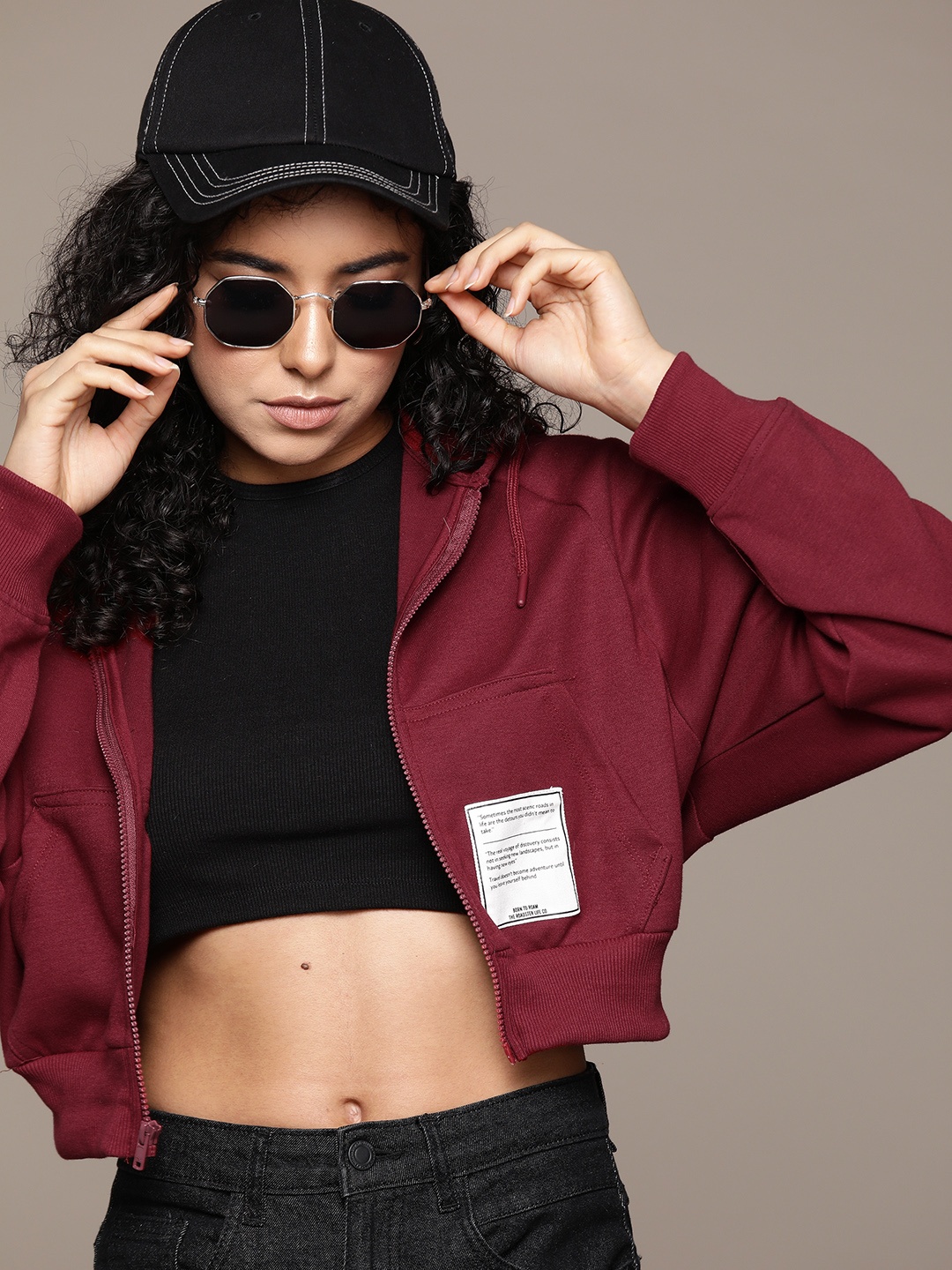 

The Roadster Lifestyle Co. Badge Front Hooded Crop Sweatshirt, Maroon