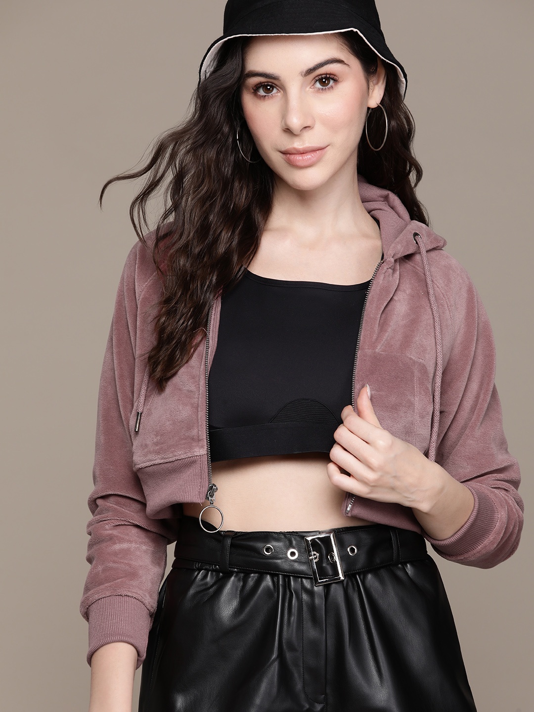 

The Roadster Lifestyle Co. Velour Hooded Crop Sweatshirt, Mauve